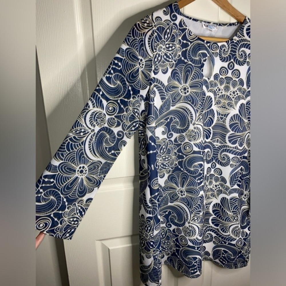 Abstract Blue & White Long Sleeve Dress, Nautical Dress, S, Stand Out